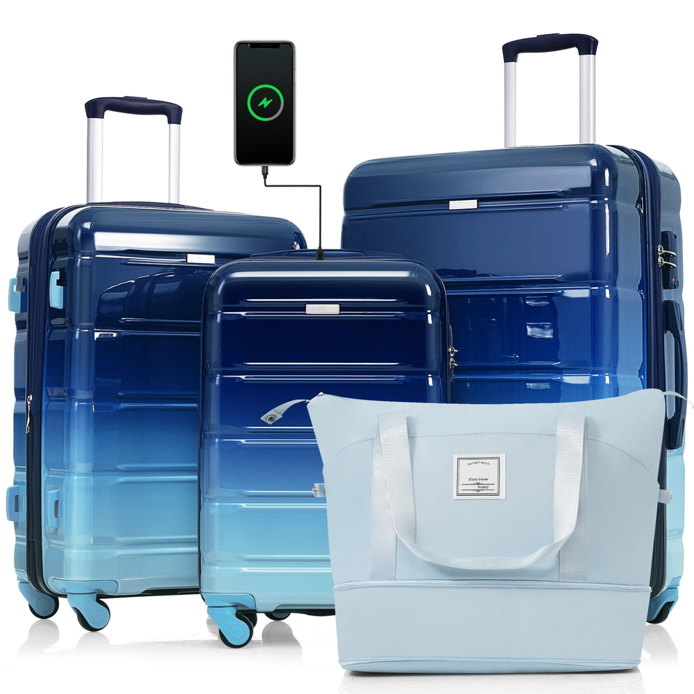 Luggage Sets 4 Piece, 20-inch with USB Port, Gradient Blue