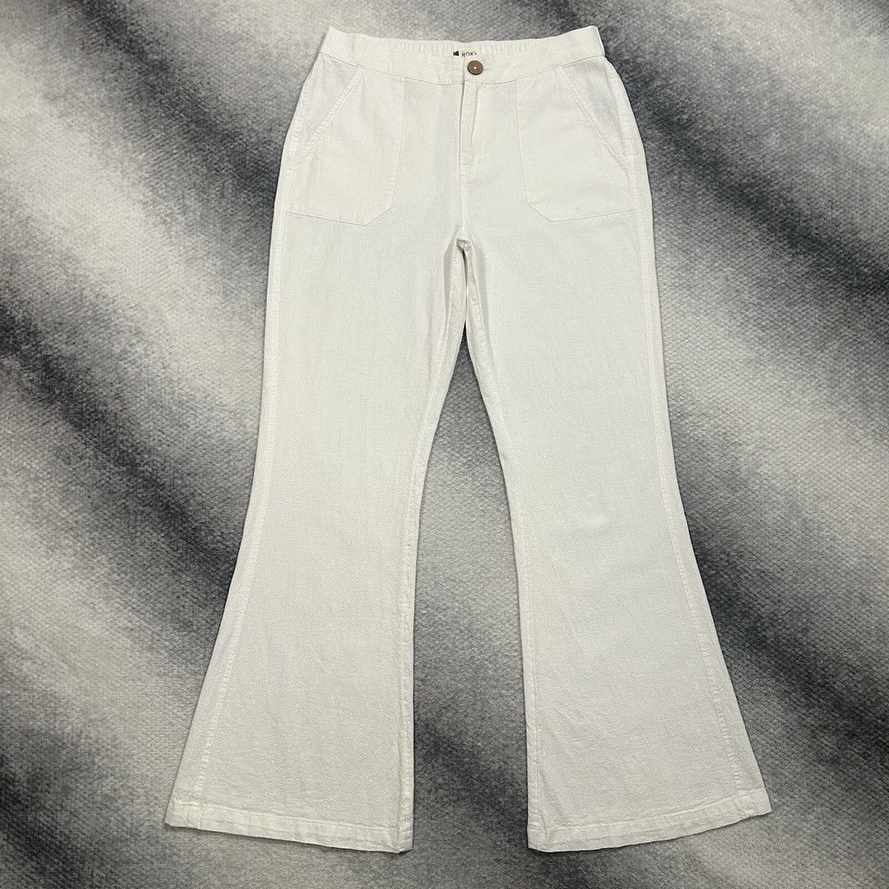 ROXY Cotton Linen High Waist White Pants Flare Wide Leg Women’s Medium