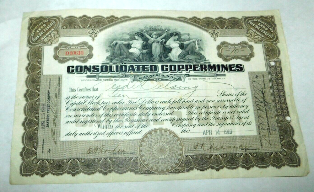 1919 Consolidated Copper Mines Capital Stock Vintage Certificate