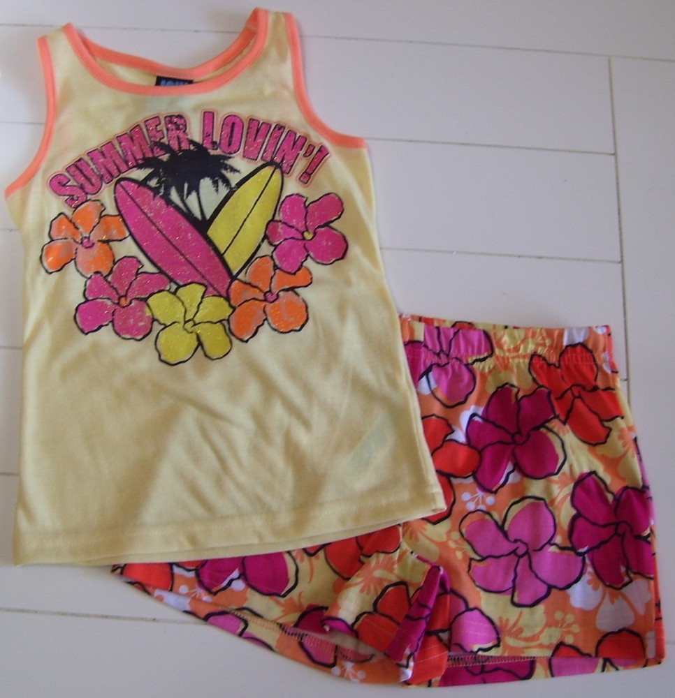 Jelli Fish Kids 2 Pc Yellow Summer Lovin Tropical Tank Shorts Pajamas XS 4-5