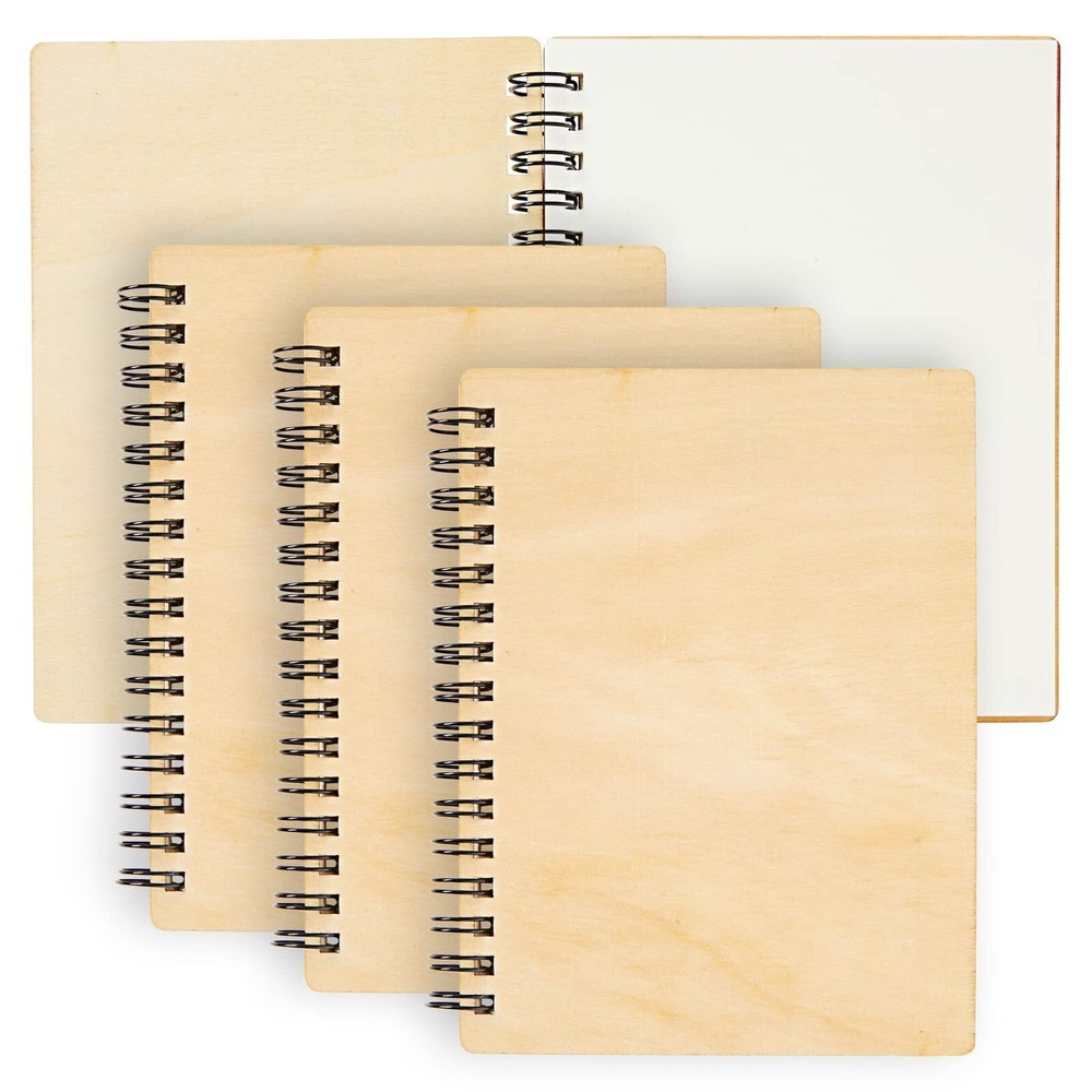 Juvale 4 Pack Wooden Cover Notebook, Spiral Bound Unruled Plain DIY Craft Jou...