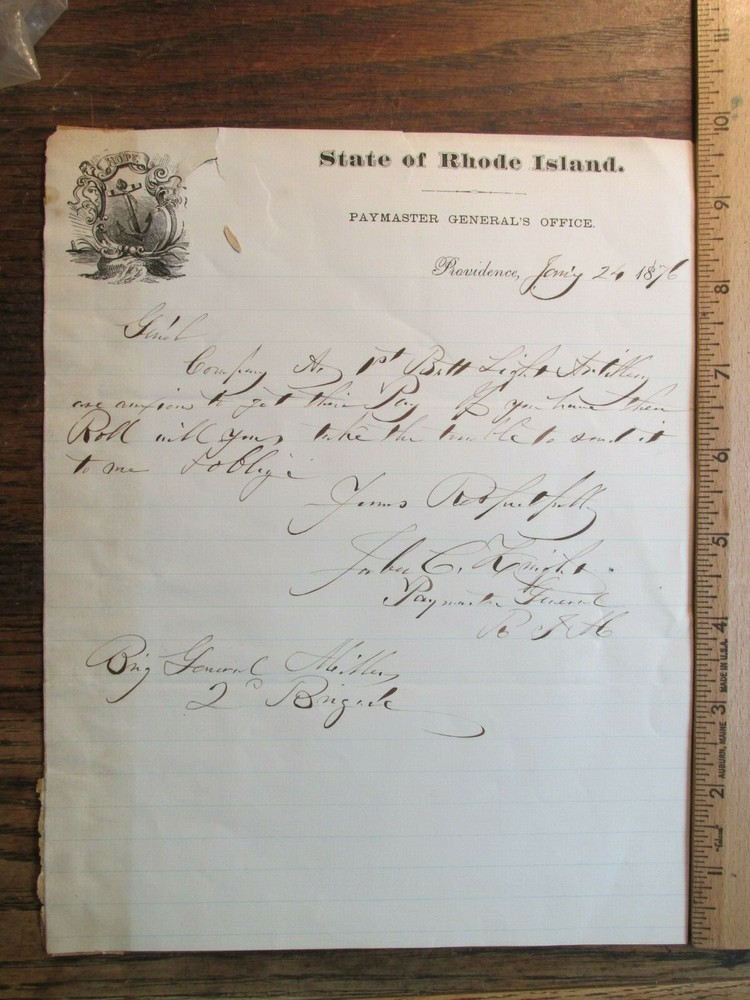 Antique 1876 RI Civil War Company A 1st Battalion Light Artillery Pay Document