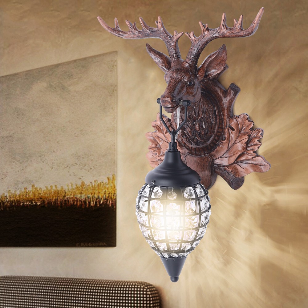 Rustic Deer Antler Wall Sconce with Crystal Accents for Cozy Lighting