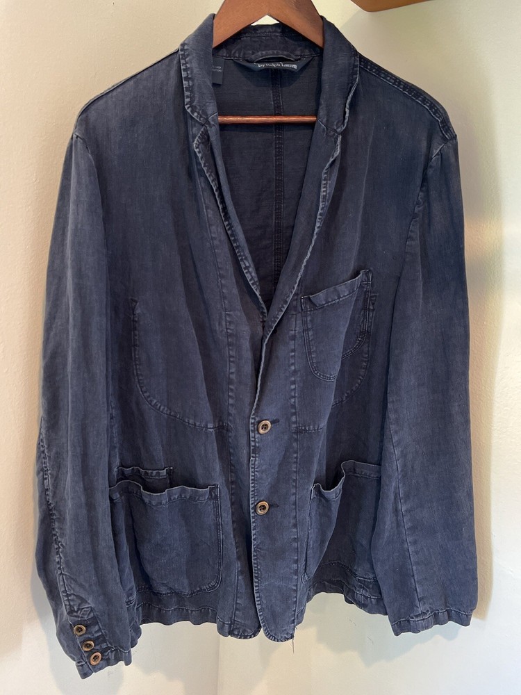 Super Rare VTG 100% Linen Polo Ralph Lauren Blue Blazer Cardigan Jacket Size L
