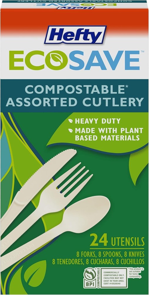 Hefty ECOSAVE Heavy Duty White Assorted Cutlery 24 Count Pack of 8