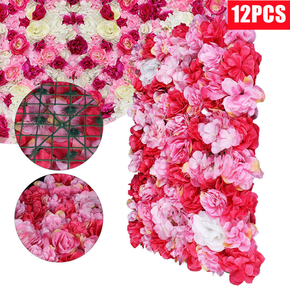12pcs Rose Flower Wall Panels Artificial Silk Wedding Decor Party Home Floral