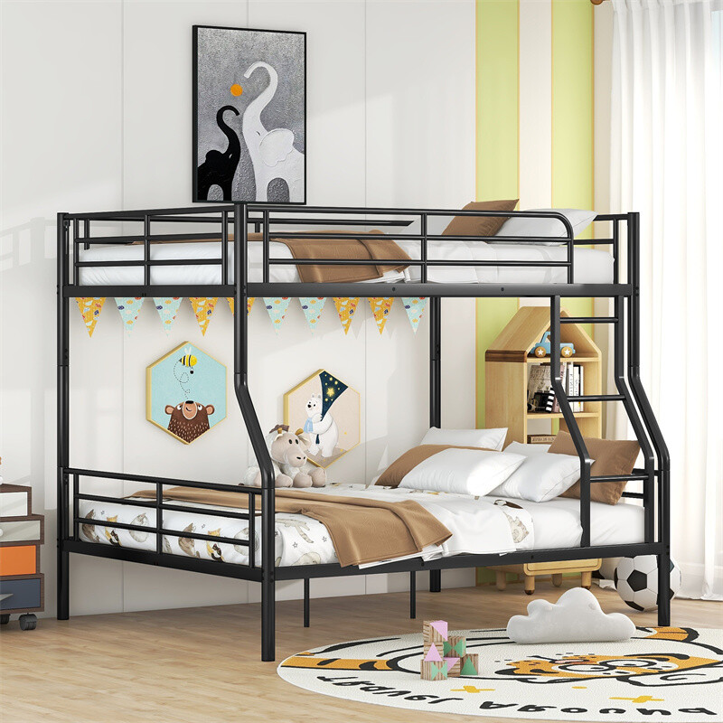 Full XL Over Queen Metal Bunk Bed with Ladder for Kids Teens Adults in Black-image