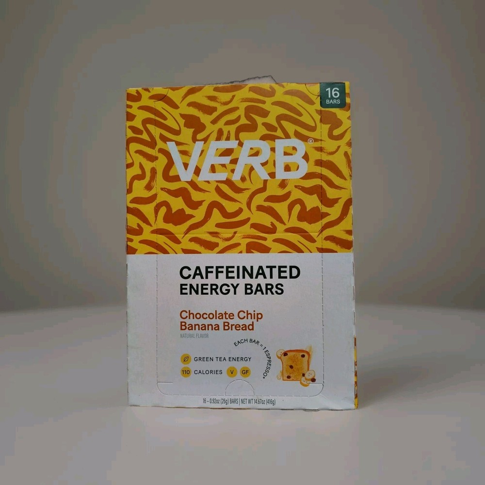 16 Bars Verb Caffeinated ENERGY BARS Chocolate Chip Banana Bread Read