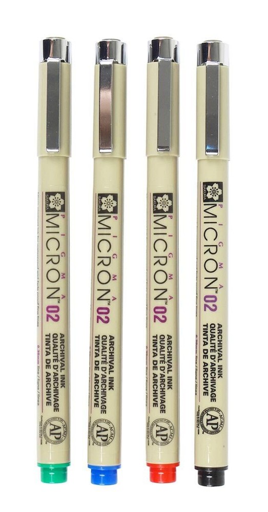 SAKURA PIGMA MICRON, PACK OF 4 ESSENTIAL COLORS, BLACK+RED+BLUE+GREEN, (02)