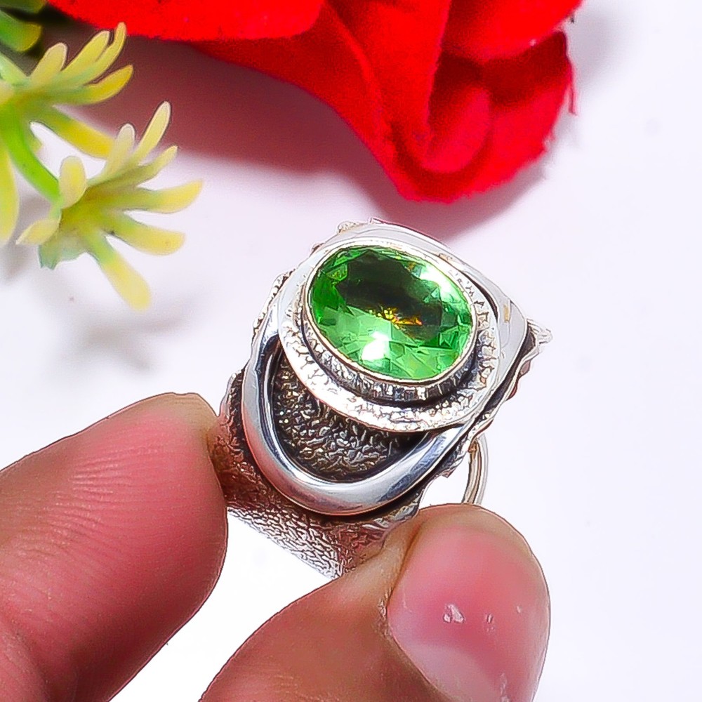 Green Amethyst Designer Handmade 925 Sterling Silver Ring S.8.5 R115727