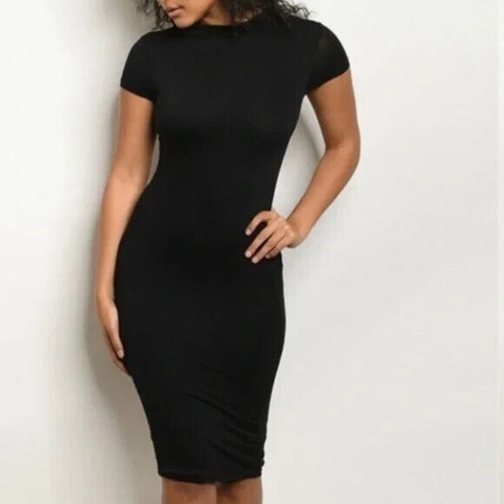 Popular Basics Jersey Midi Dress Form Fitting Black Sizes M, XL NEW