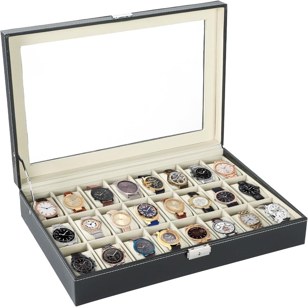 Watch Box 24 Slots Elegant Portable Black Watch Collection Box Case