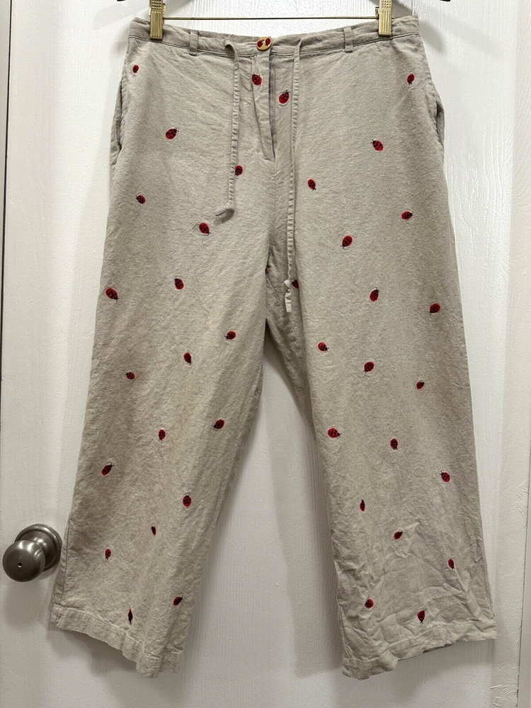 Mureli Linen Blend Pants Ladybugs High Rise Wide Leg Women Pants size Large