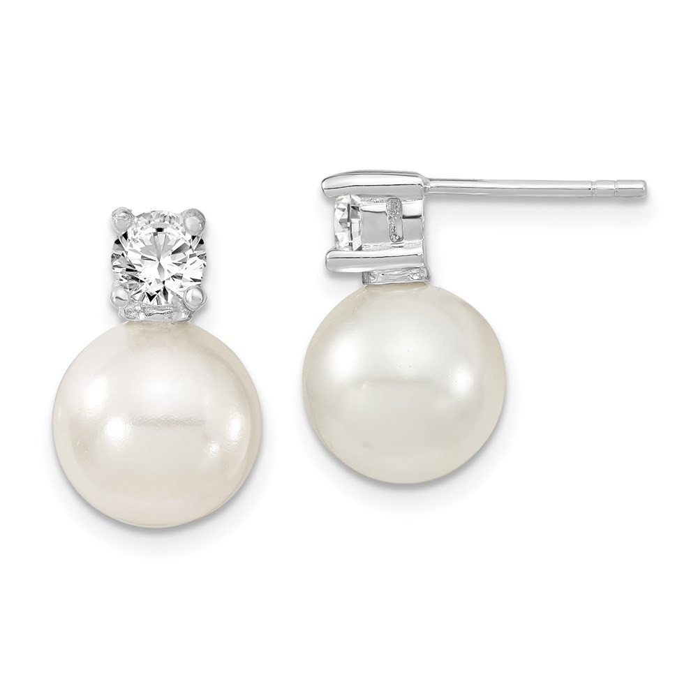 Sterling Silver 10-11mm White Pearl and Cubic Zirconia Drop & Dangle Earrings