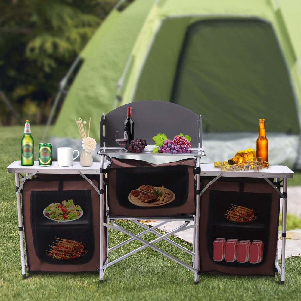 Portable Folding Camping Kitchen Table with Storage Rack for Picnics