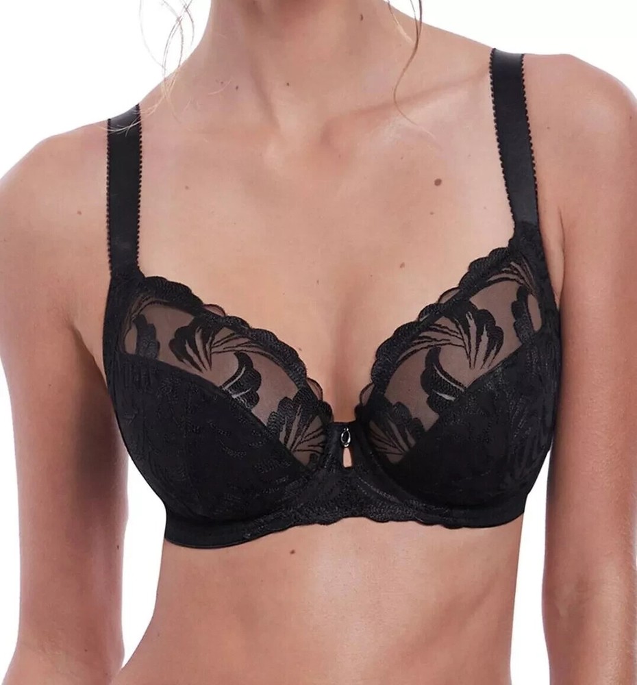 Fantasie Anoushka Bra Black Mesh Size 38E Underwired Side Support Plunge 3212