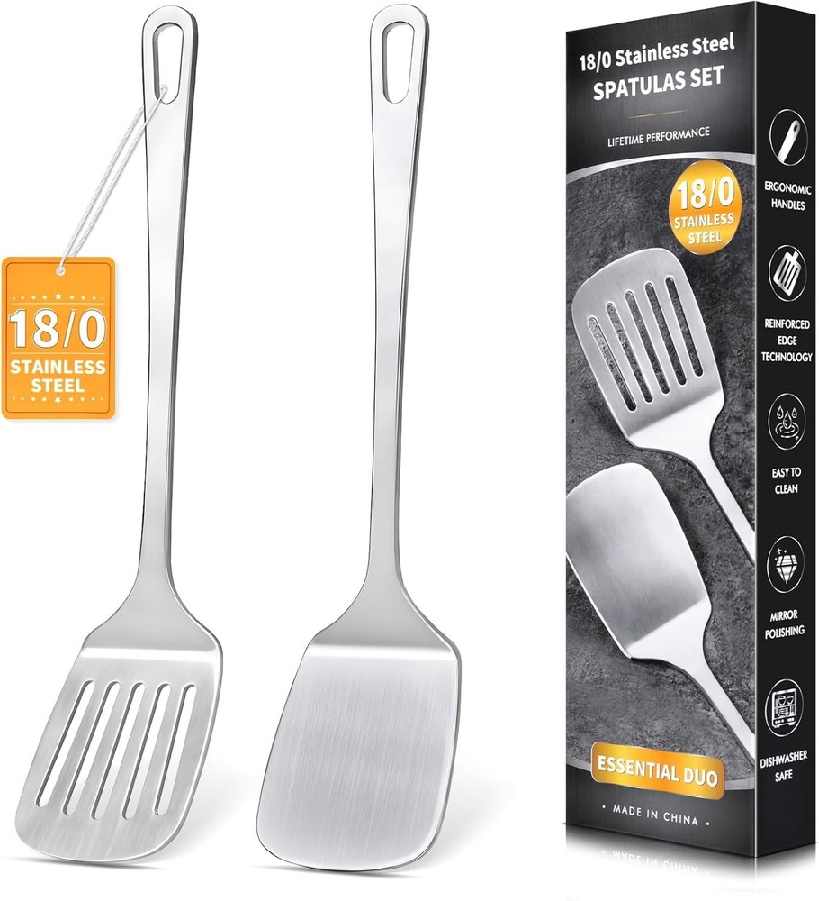 2 Pcs Stainless Steel Spatulas Set  Metal Spatula Solid & Slotted Turner,Silver