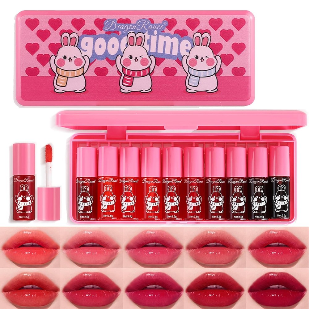 10-Color Korean Watery Lip Tint Stain Set - Mini Liquid Lip Gloss