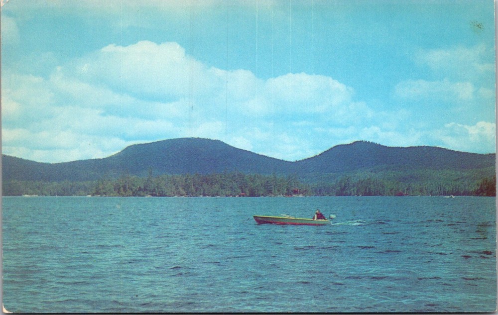 Postcard Motor Boat on Blue Mountain Lake NY New York