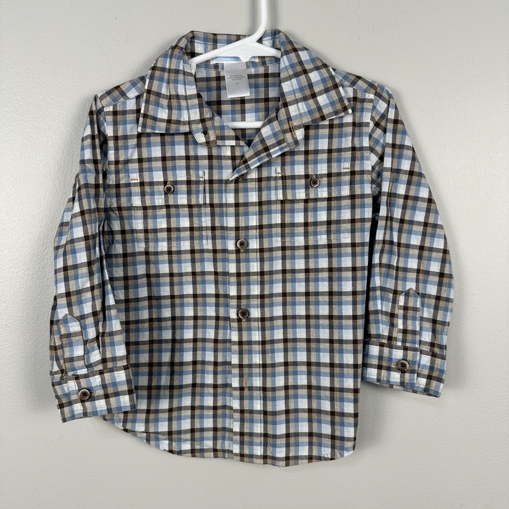 Janie and Jack Boys 2T Long Sleeve Button Down Shirt Plaid Brown Blue