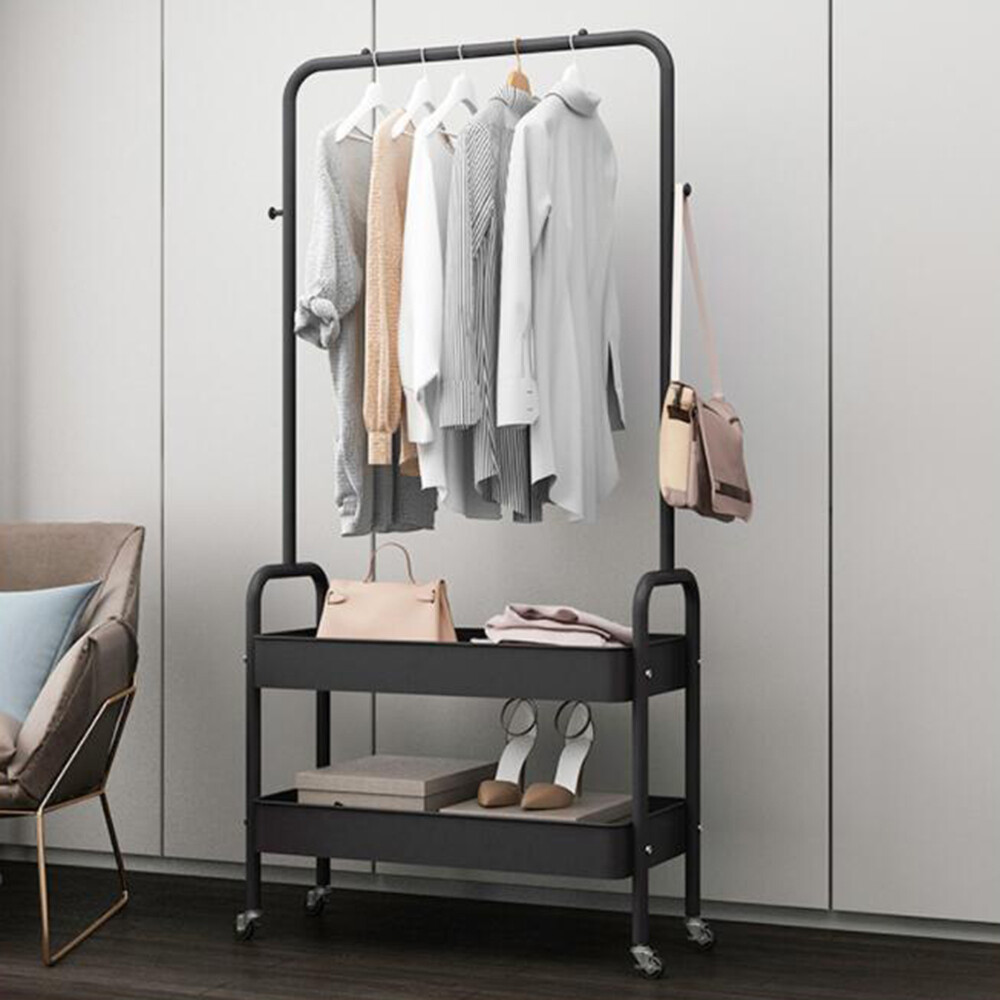 Portable Rolling Garment Rack with 2 Metal Storage Baskets for Retail or Home