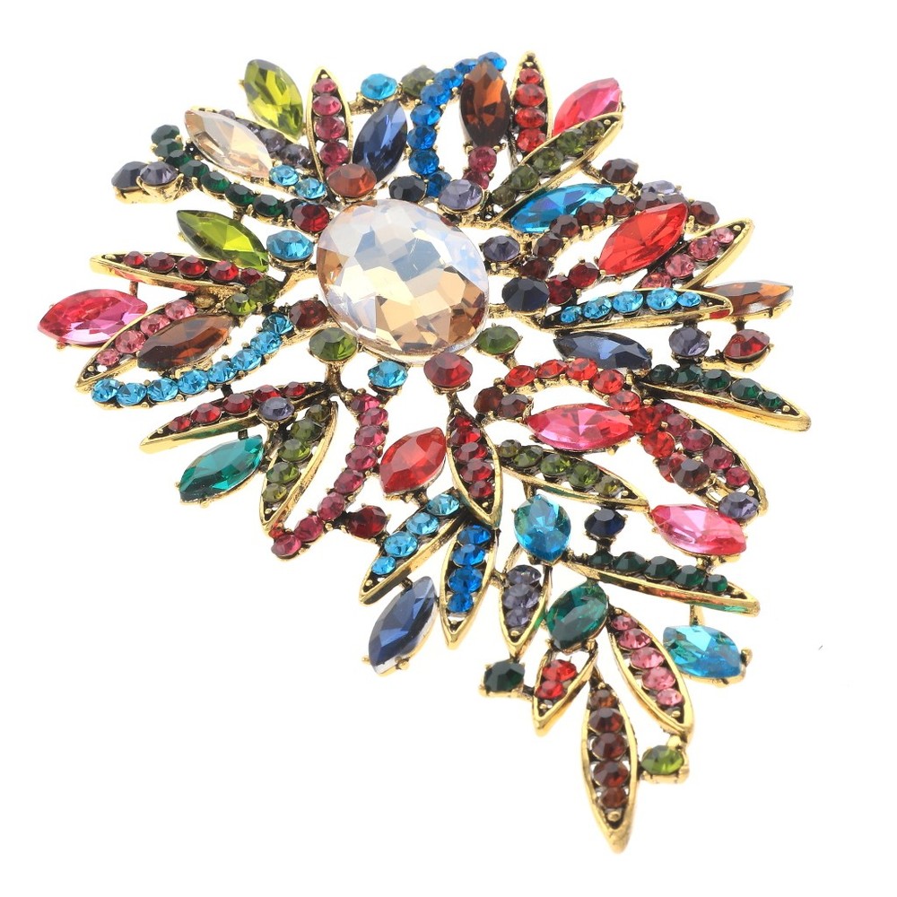 Antique Gold Tone Alloy Metal Extra Large Crystal Flower Brooch P1573-MUL