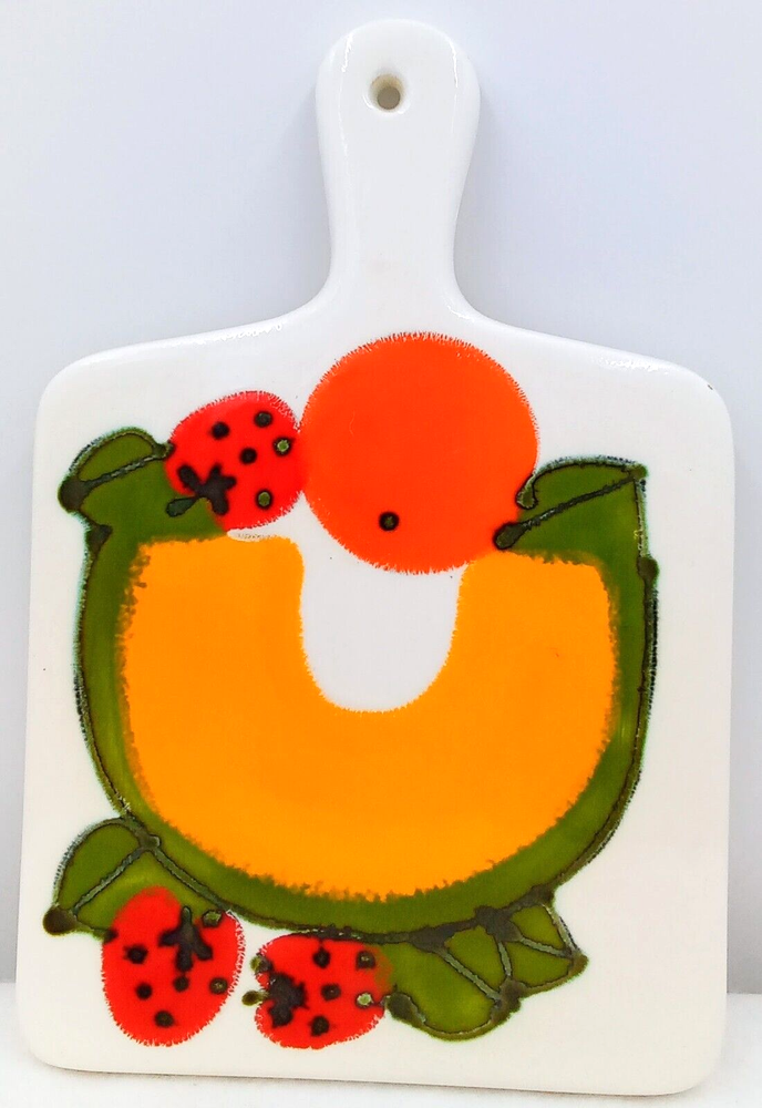 Vintage Fruit Ladybug Ceramic Hanging Cutting Board Handmade White Green Red 10