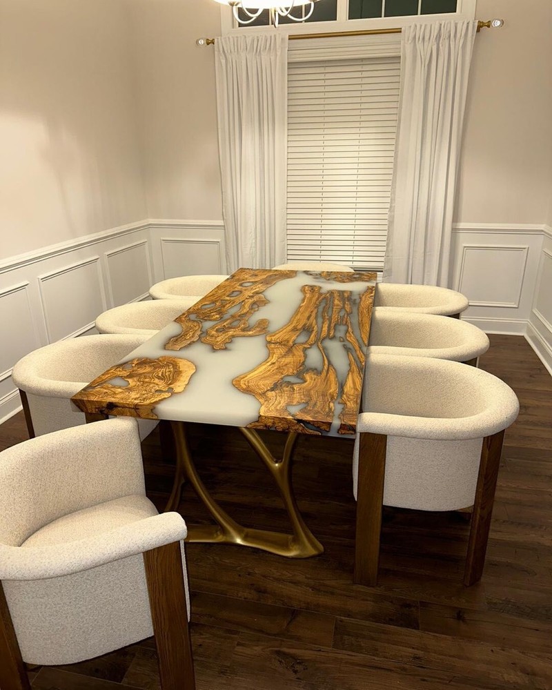 White Epoxy Dining Table Top, Wooden Epoxy Resin Living Area Furniture Home Deco