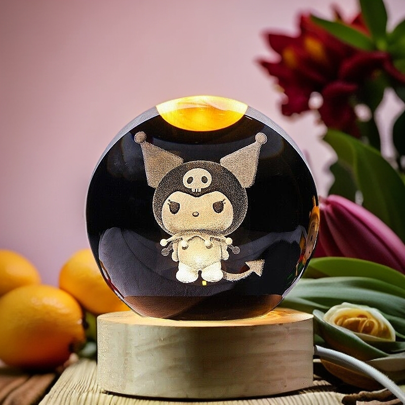 3D Carved Crystal Ball Night Light with Wooden Base – Kids Gift & Healing Decor