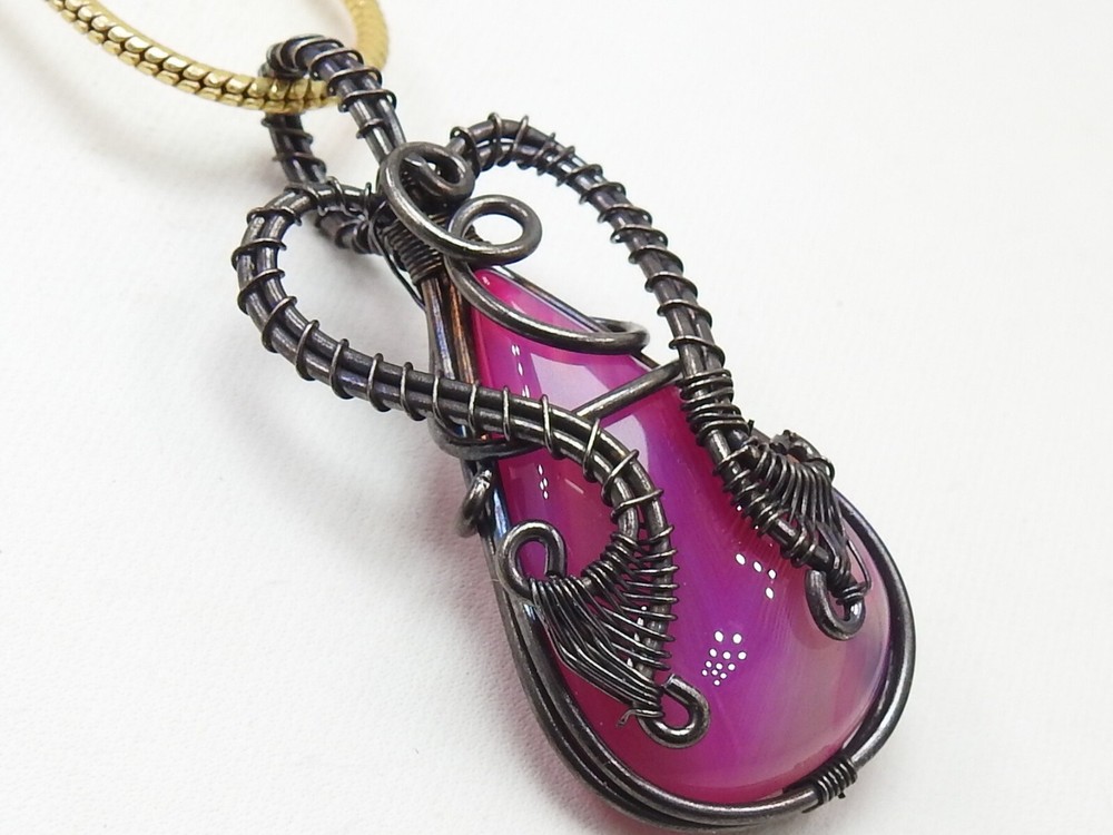 Pink Strip Agate Brass Pendant Silver Oxidised Polished Wire Wrapped Jewelry