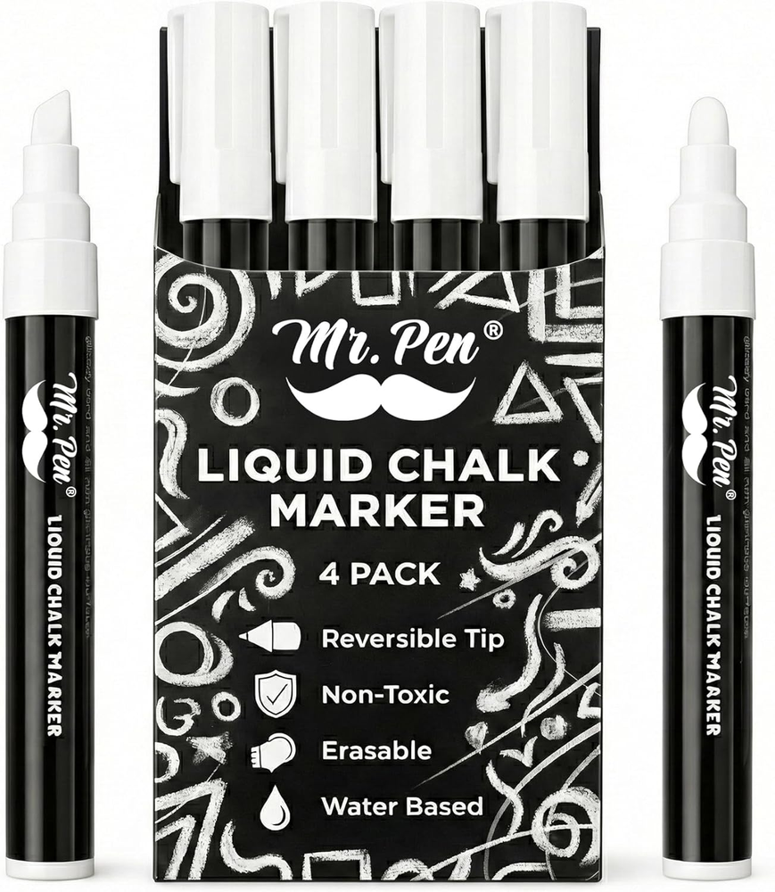 - White Chalk Markers for Blackboard, 4 Pack, Reversible Tip, White Liquid Chalk