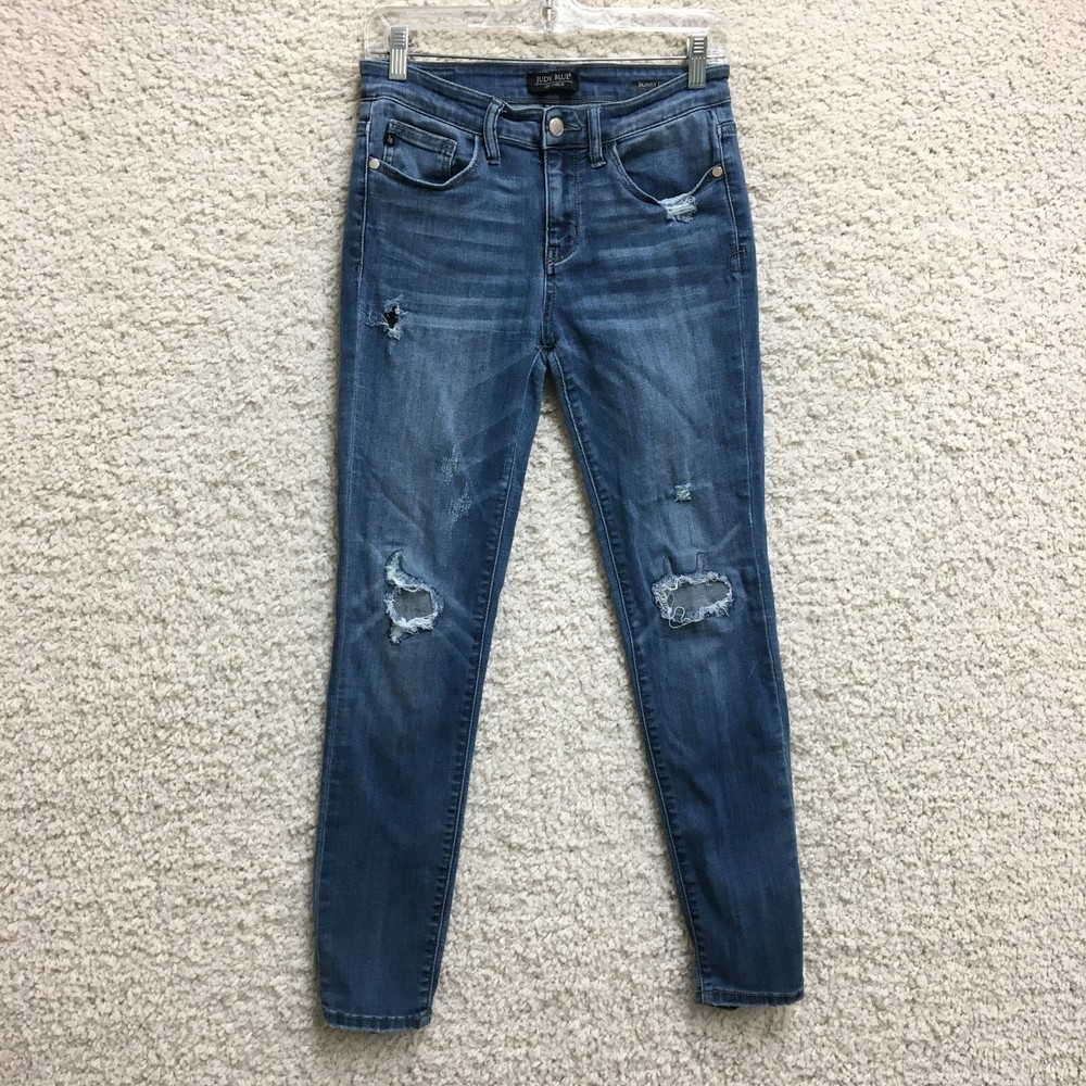 Judy Blue Jeans 7/28 Womens Blue Denim Skinny Fit Distressed Ripped Medium Wash