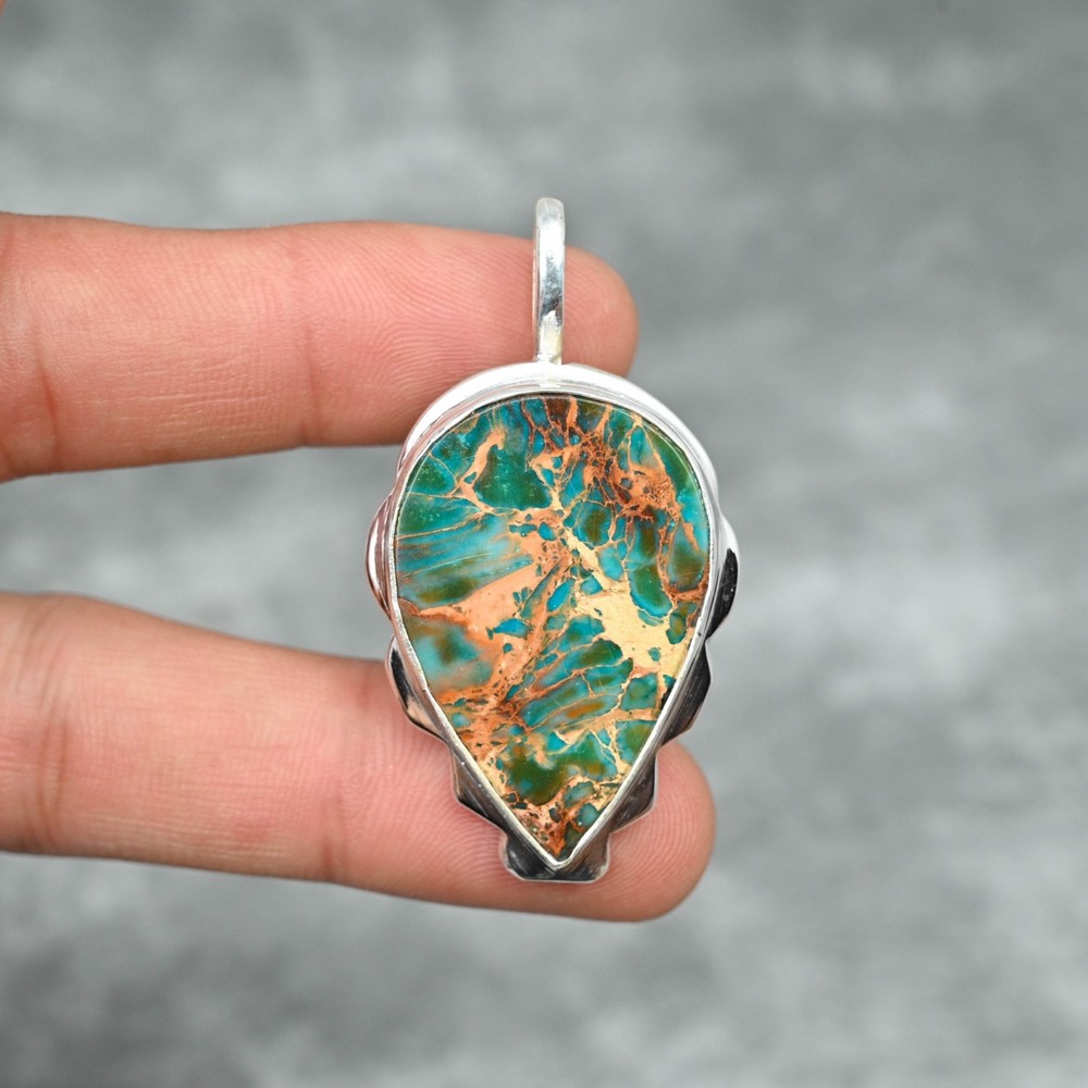 Blue Sea Sediment Jasper Gemstone 925 Sterling Silver Handmade Pendant Jewelry