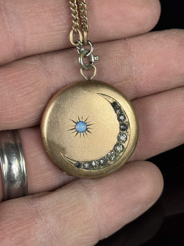 C12 majestic Antique Victorian GF paste crescent moon locket missing 1 stone