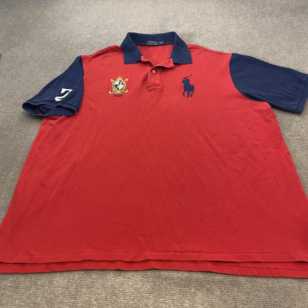 VTG Polo Ralph Lauren Polo Shirt Mens 3XLT Red Big Pony 2 Crest Colorblock 90s