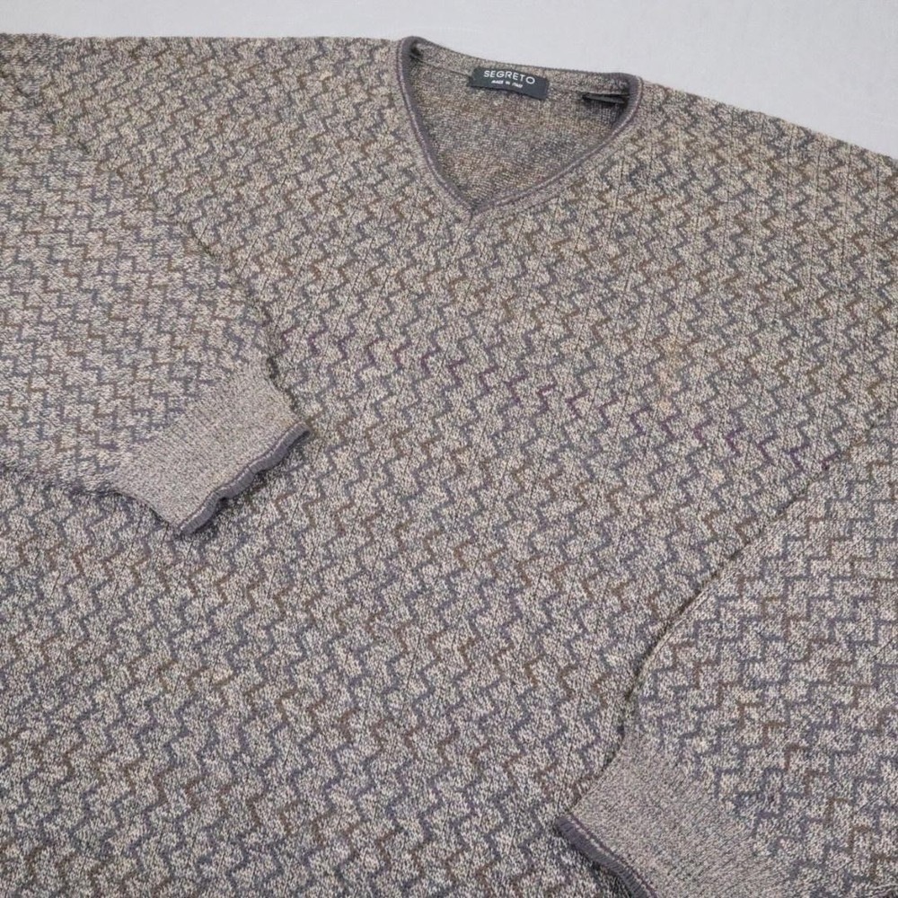 Segreto Sweater Mens XL Gray Merino Wool V Neck Geometric Knit Made Italy VTG