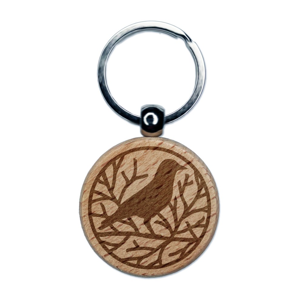 Crow Raven Branches Engraved Wood Round Keychain Tag Charm
