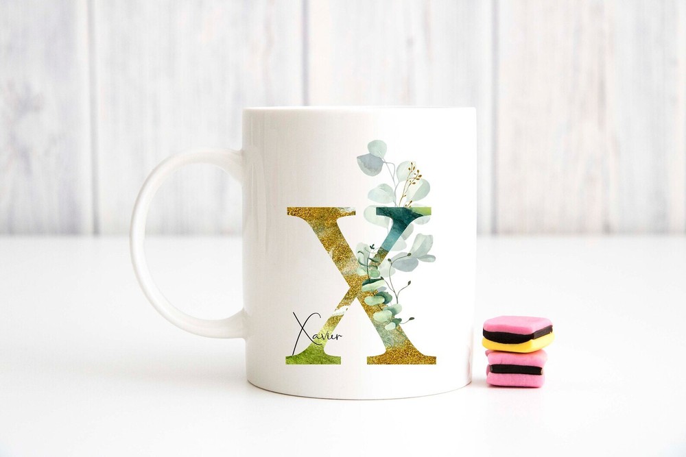 Taza personalizada nombre inicial letra monograma alfabeto floral X inicial dorada