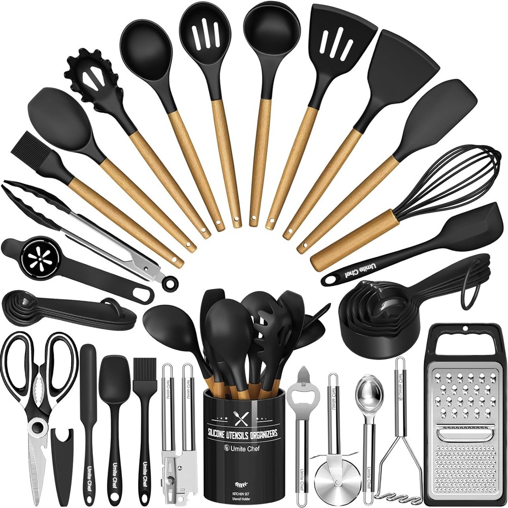 Kitchen Utensils Set- 34PCS Silicone Cooking with Holder, Black