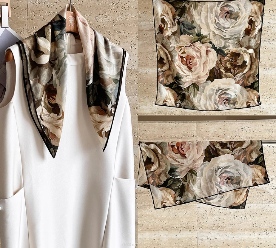 70% Cashmere 30% Silk Peony Print Scarf 65x65cm Double Face Wrap Neckerchief