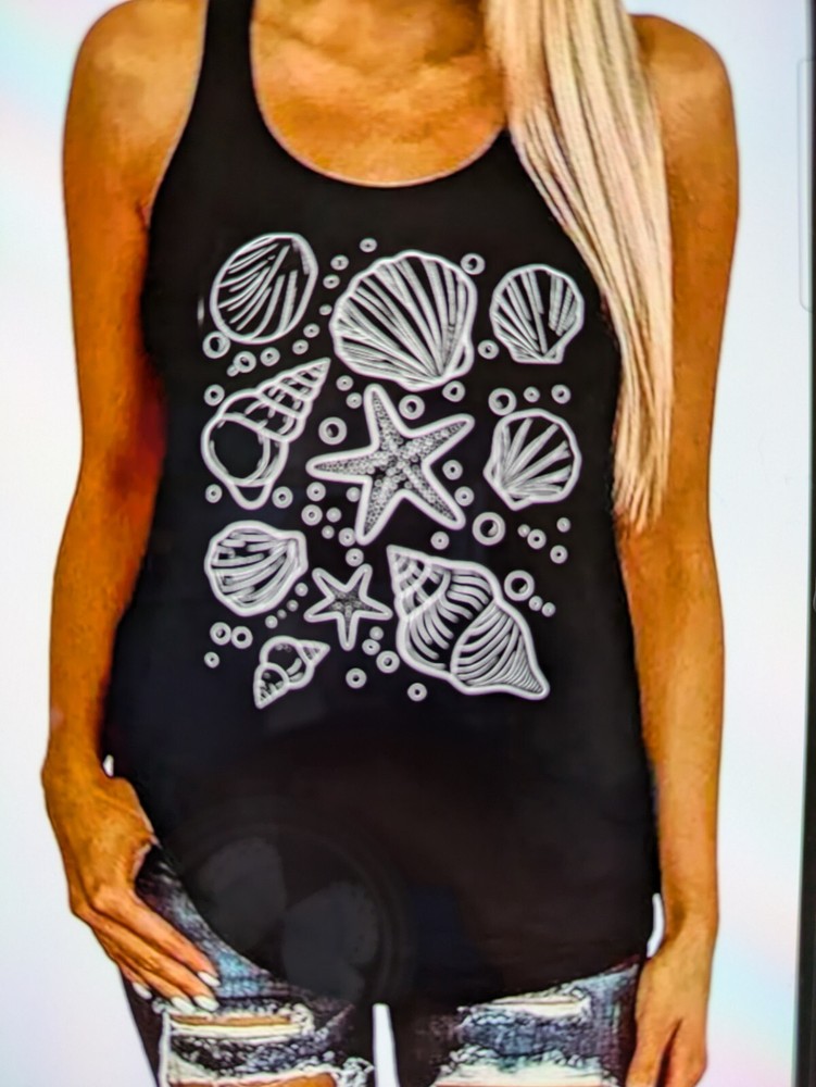 Women's Tank Top With Sea Shell Graphics,  Sleeveless Tee, Size XL