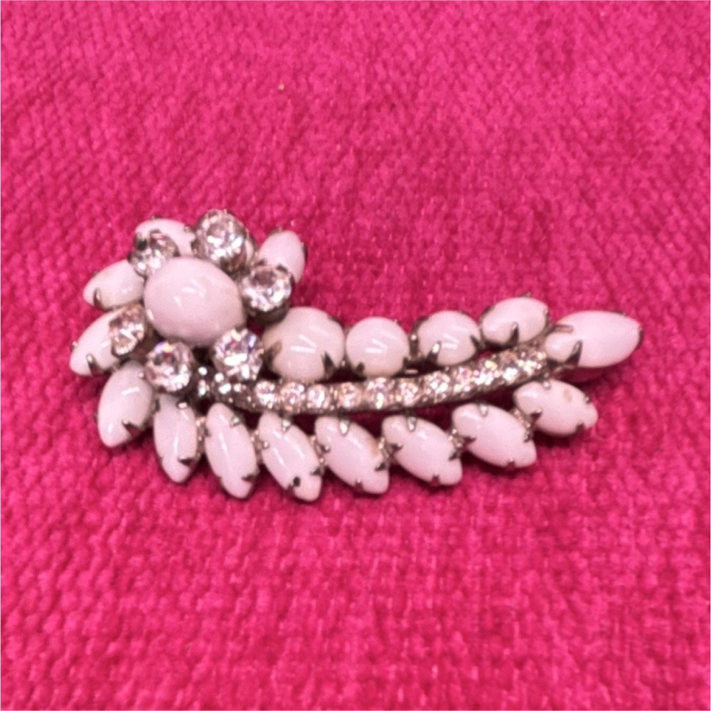 Vintage Leaf Brooch Pin Milk Glass Rhinestones Silver Metal 2in