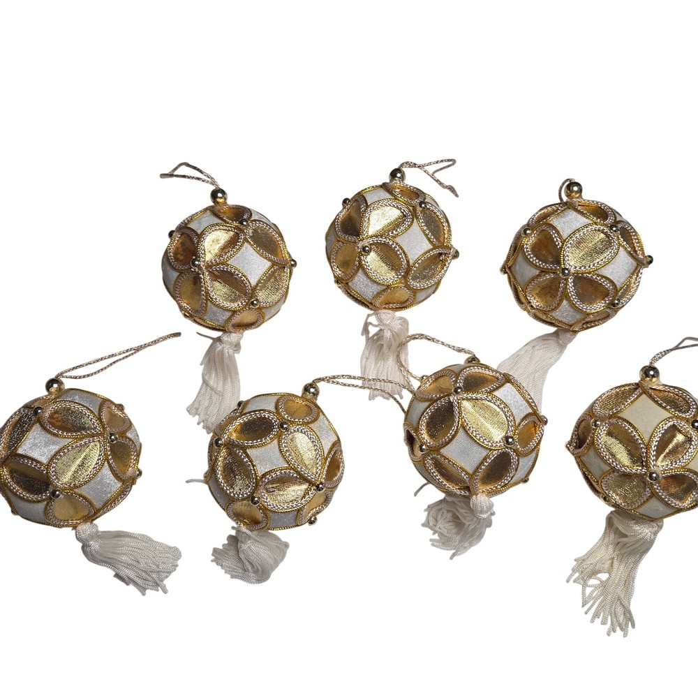 Set of 7 Fabric White Gold Christmas Ornaments Tassels Baubles Tree Decor Vtg