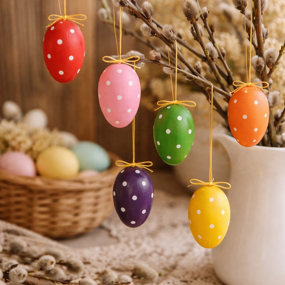 6 Easter eggs wood colorful polka dot hanging eggs Easter shrub spring decoration Easter decoration