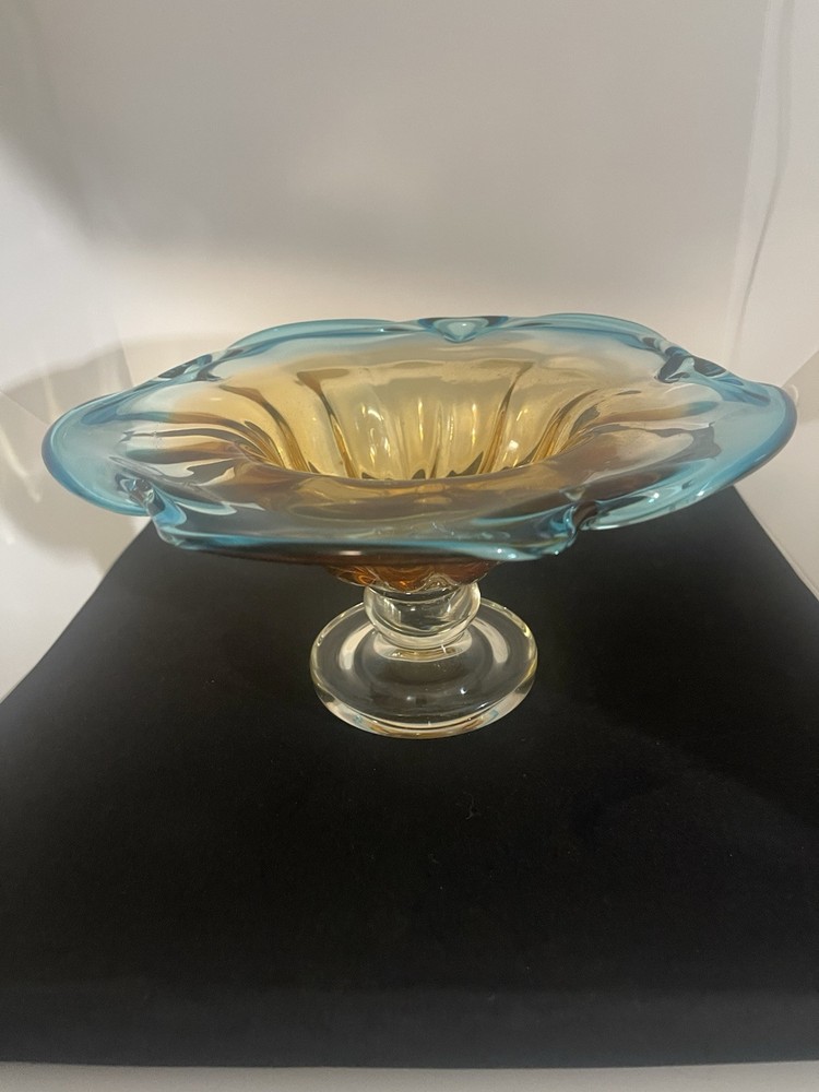 Murano Beautiful Amber And Teal Colored  Hand Blown Ruffled Shape Pedestal Bowl