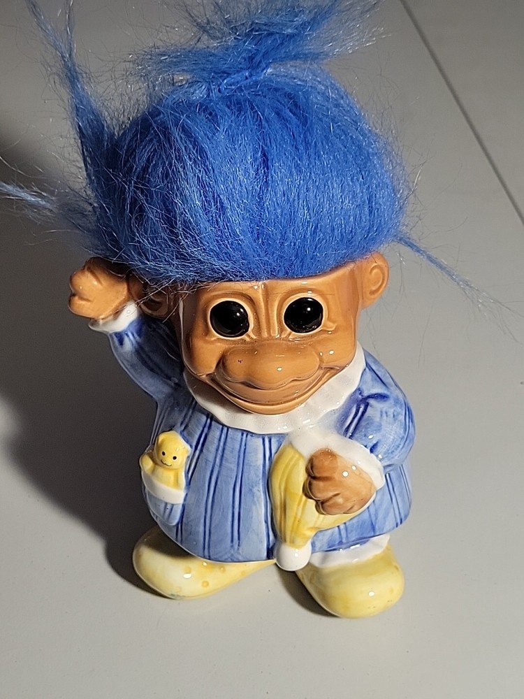 Vintage RUSS TROLLS Troll Blue Hair Pajamas Teddy Bear Doll Coin Bank Good Luck