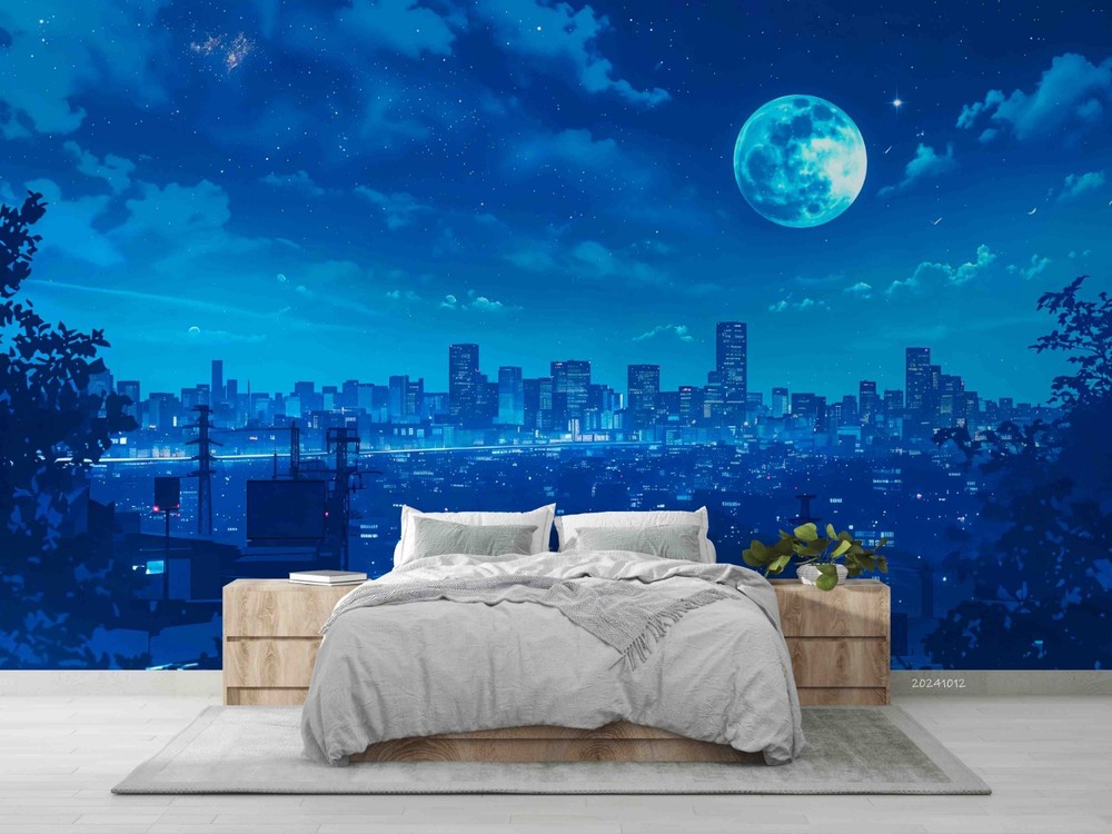 3D Moon City Night Scene Illustration Wall Murals Wallpaper Murals Wall Sticker