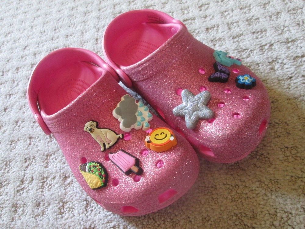 Crocs Kids Classic Clog | Pink Glitter w/ Heel Strap | Size J2 ~~Jibbitz Charms