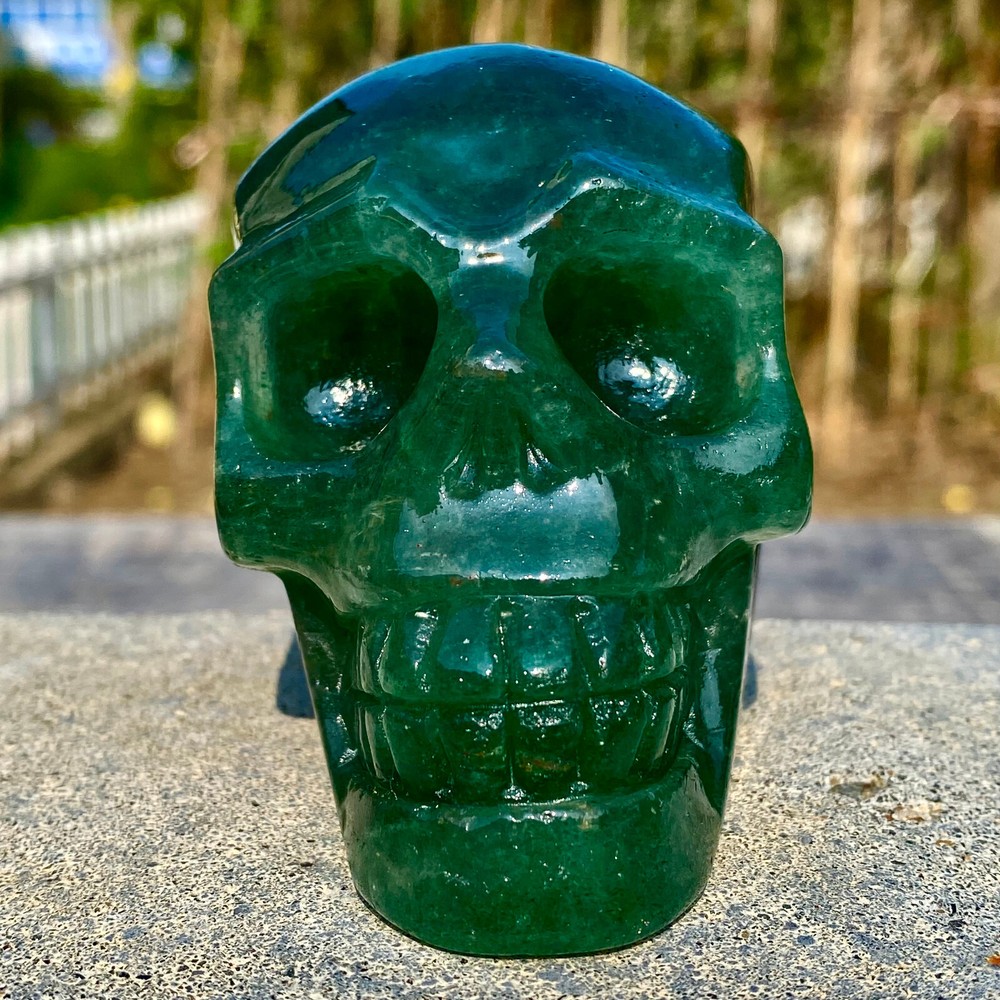 380G Natural green strawberry Crystal Quartz Skull hand carved decoration