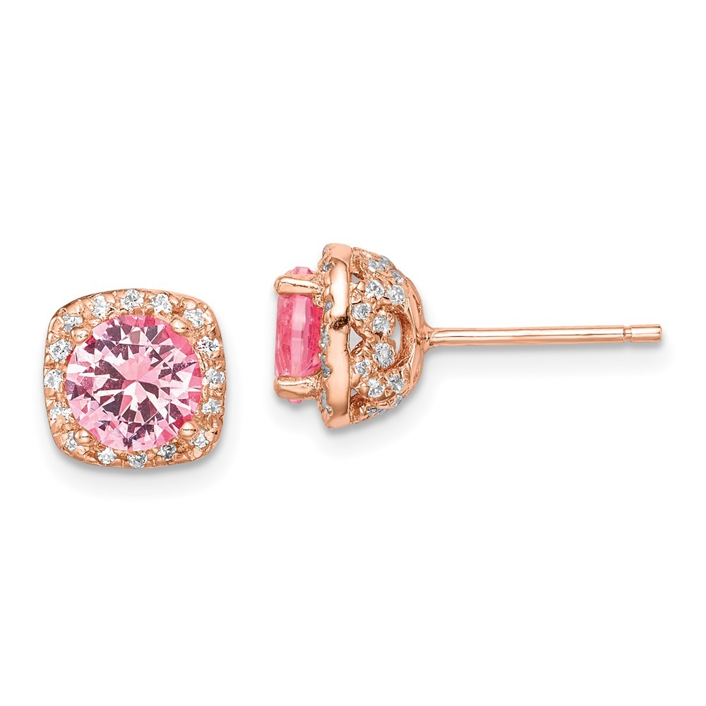 Sterling Silver Rose-tone Square Pink Crystal & Cubic Zirconia Stud Earrings